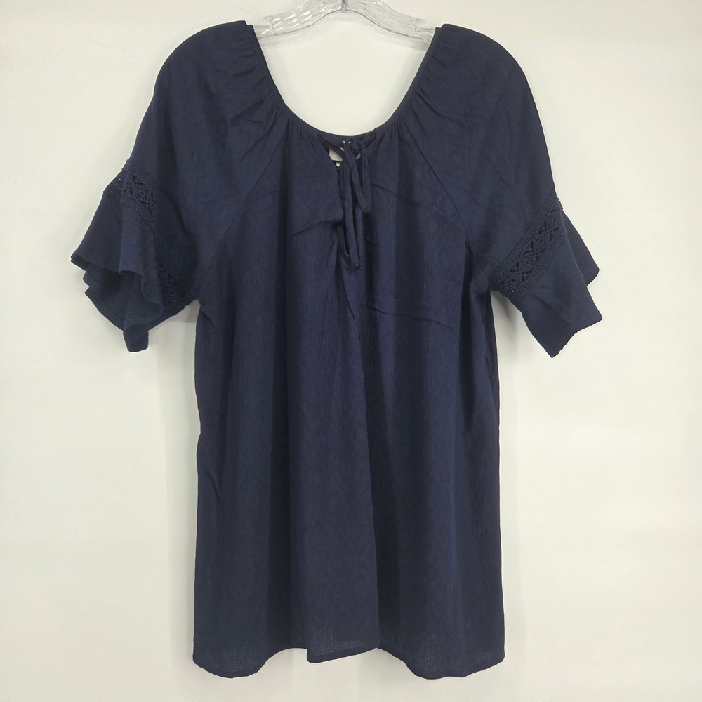 Daytrip Peasant Top XL Navy Blue Crochet Lace Bell Sleeve Boho Eclectic
